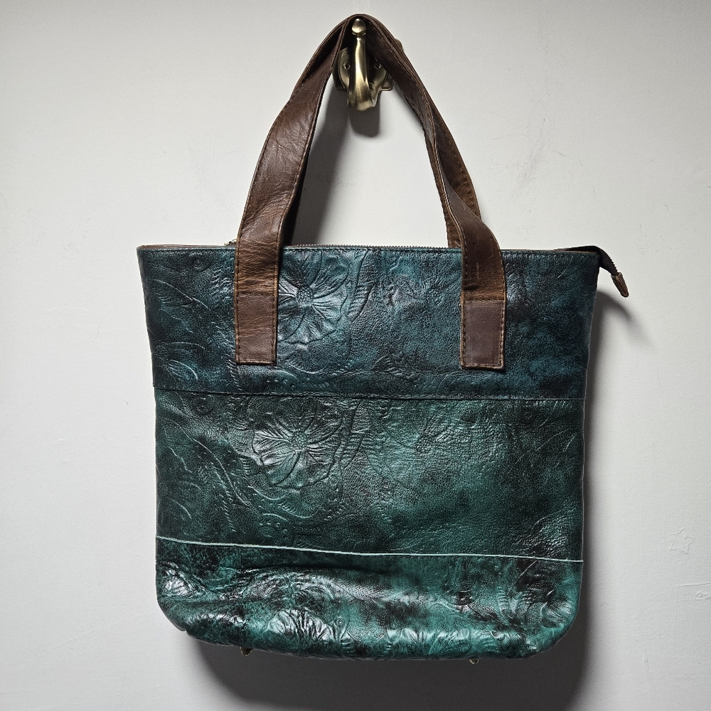 Genuinos Olmos Green Leather Purse Bag Tote Floral Jesús Olmos Flowers